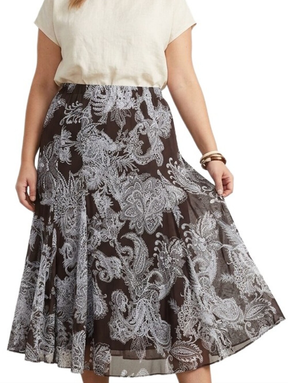 JKLA California Vintage Paisley Midi Skirt Sheer Lined Brown size L